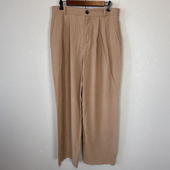 Mango Womens Wide Leg Pleated Trouser Pants Size 8 Camel Brown Minimal Casual - Picture 2 of 8